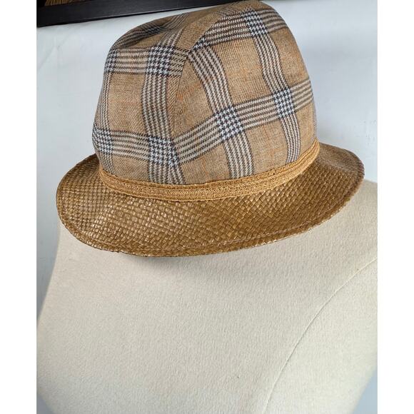 Vintage Borsalino Plaid Tweed Fedora Hat w/Straw Brim size S/M - Picture 11 of 12
